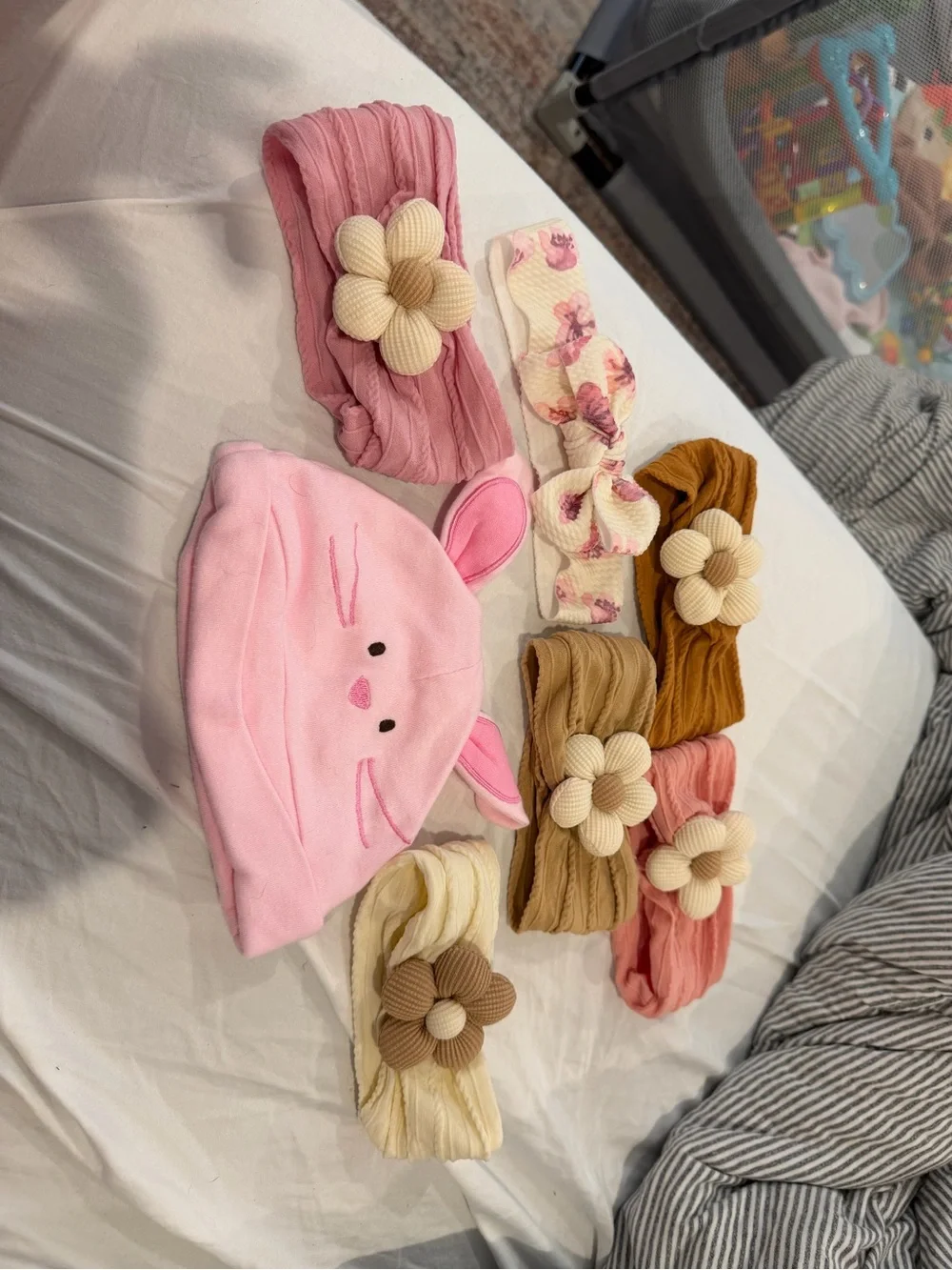 Pink Bunny Beanie with Assorted Flower Headbands